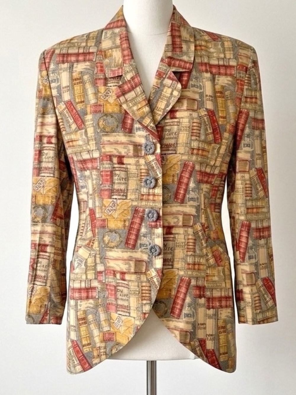 Vintage O'Trio Paris Book Print Statement Blazer Jacket Size Med Dark Academia